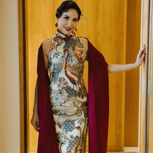 Cream Halter Neckline Cheongsam with Maroon Shawl