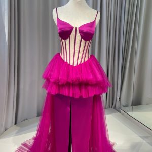 Purple H-line Dress with Tulle Train