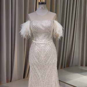 Champagne Mermaid Dress with Feathers Sleeves